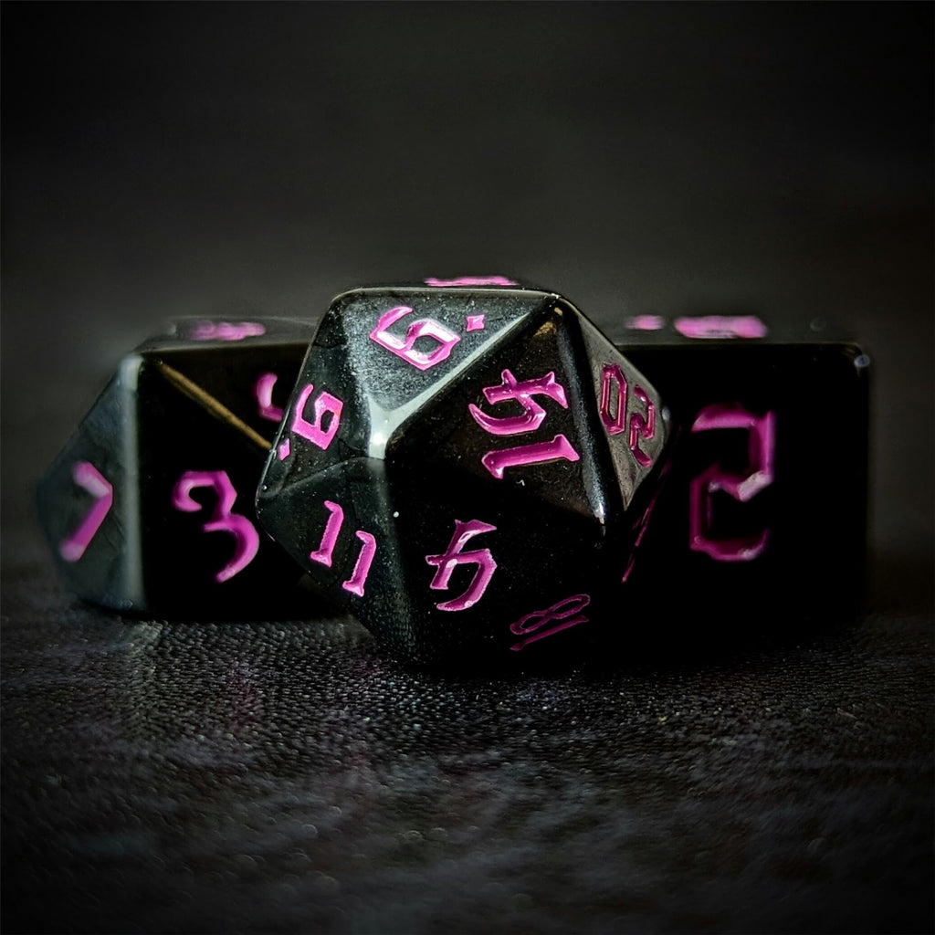 Magenta on Solid Black Acrylic - 7pcs RPG Full Dice Set