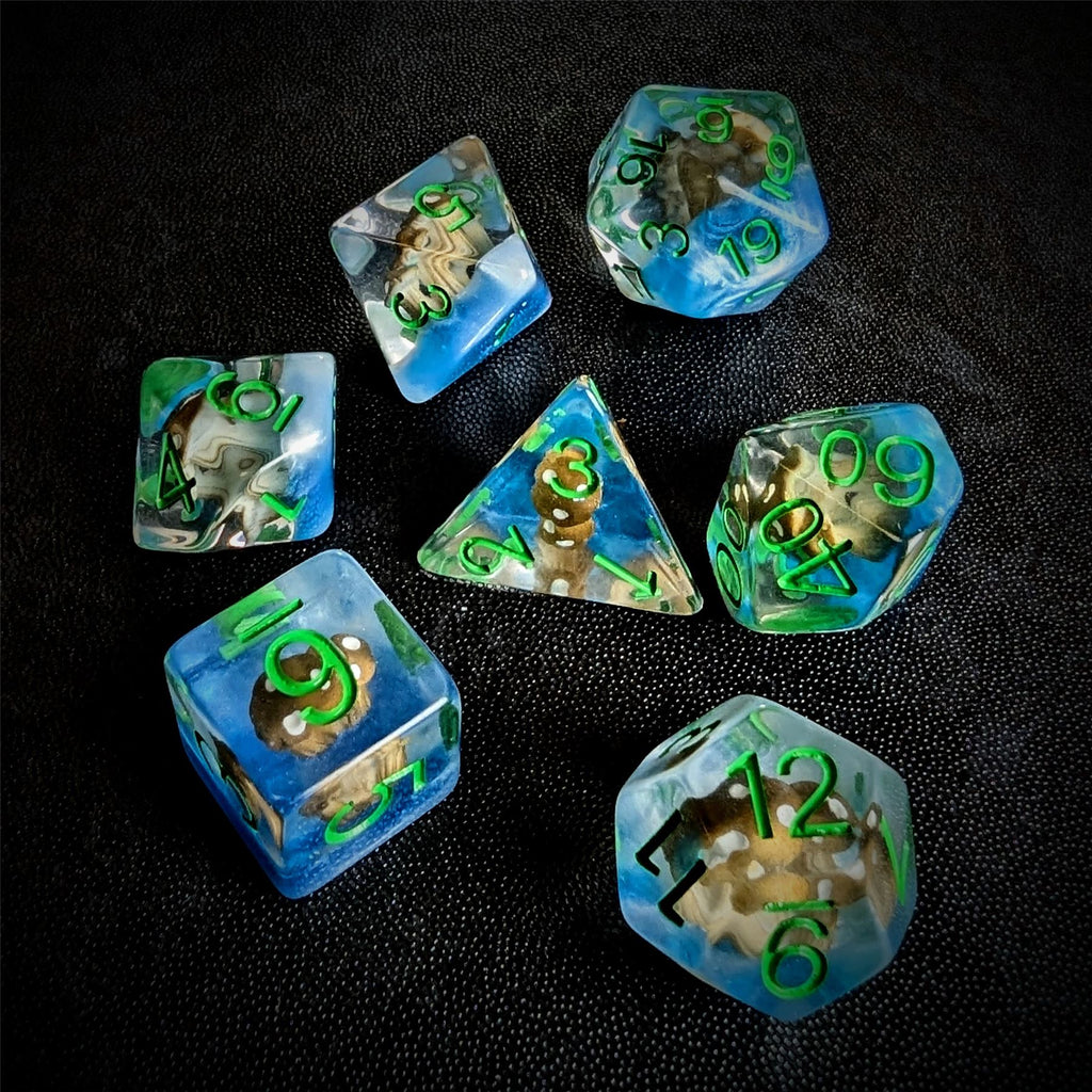 Brown Mashroom in Clear & Blue Resin - 7pcs RPG Full Dice Set