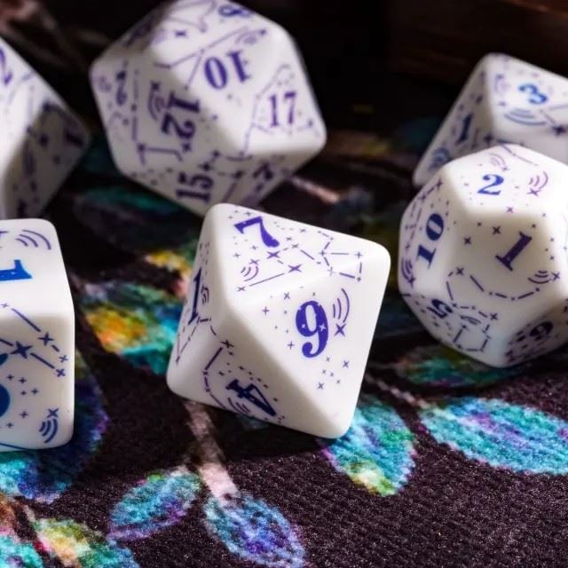 Handmande Blue Constellation on White Resin -  7pcs RPG Dice Set