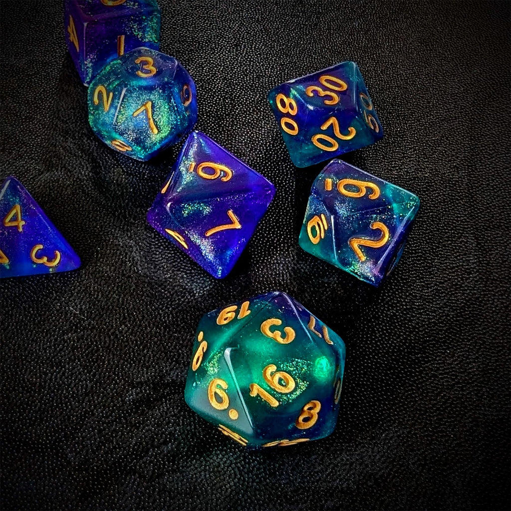 Glitter in Purple & Green Acrylic - 7pcs RPG Full Dice Set